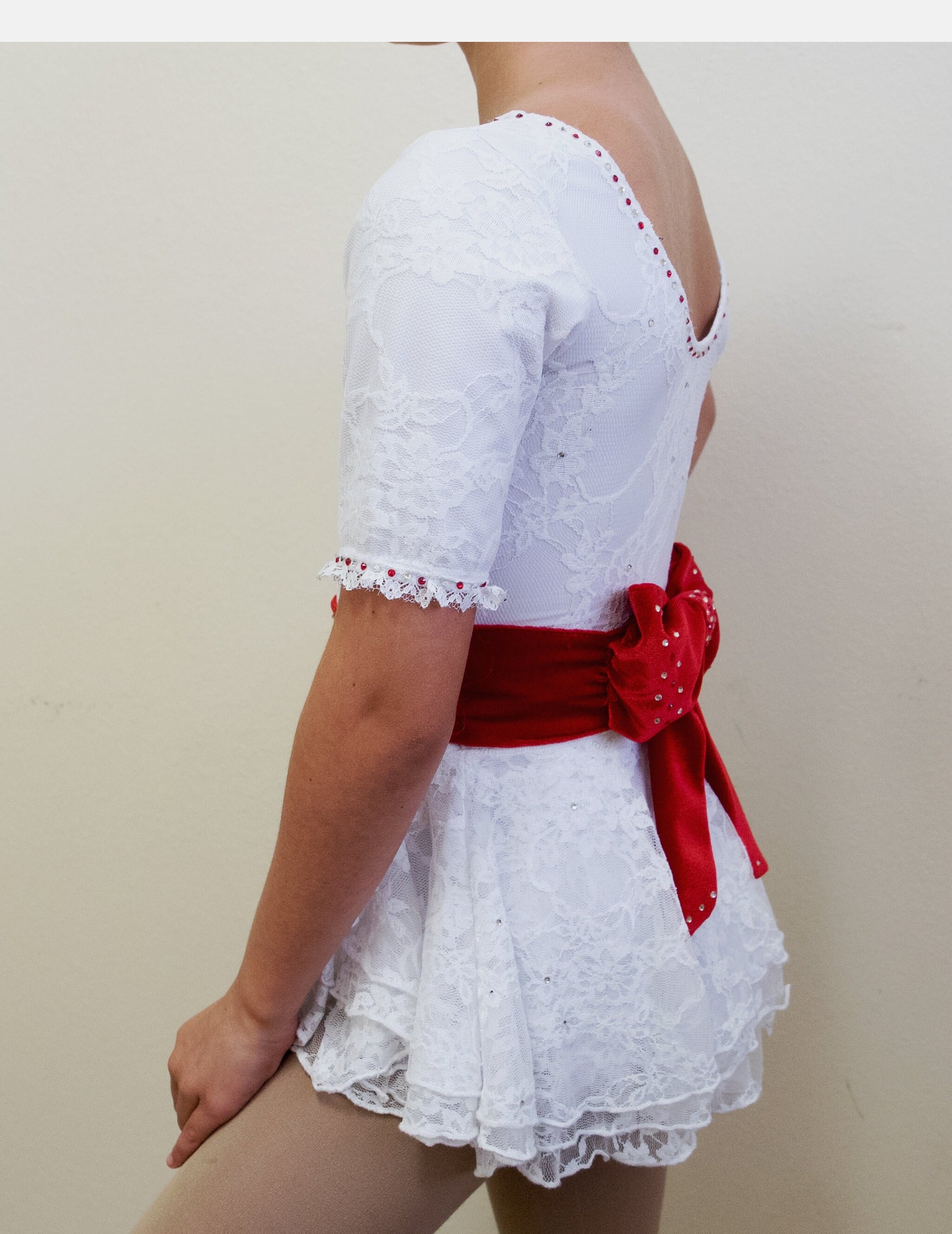 Figure Skating Competition Dress, Showcase, White lace with velvet rib – Toepick Clothing Figure Skating Competition Dress, Showcase, White lace with velvet rib – Toepick Clothing